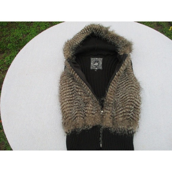 Beverly Hills Faux Fur Sweater Vest Women’s Size Large  Black Brown Hood - Picture 14 of 16